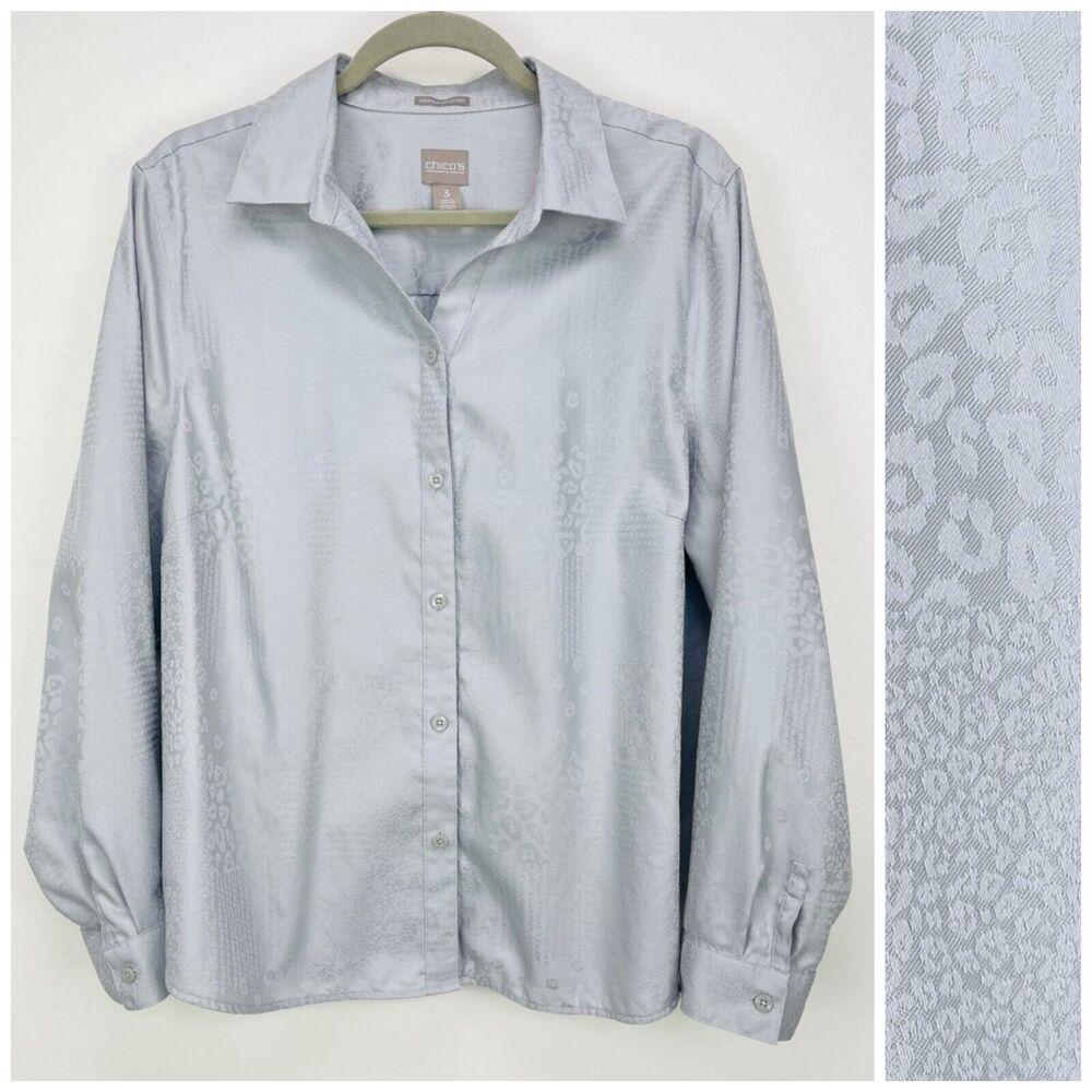 Chico's Silver Satin Leopard Jacquard Button Up Blouse XL Easy Care Work Travel - Picture 2 of 10
